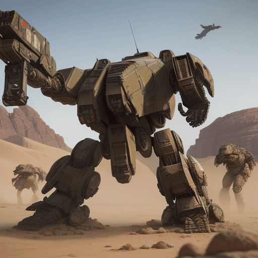 AI generated: mechwarrior battle with bird legs ,same t-rex ,in desert with rocks and stones,machinegun in right h...