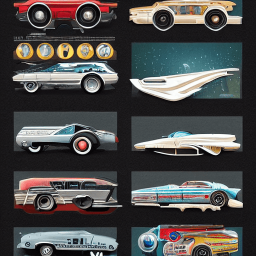AI generated: highly detailed infographic of retrofuturism cars found in popular mechanics magazine | vintage | in...
