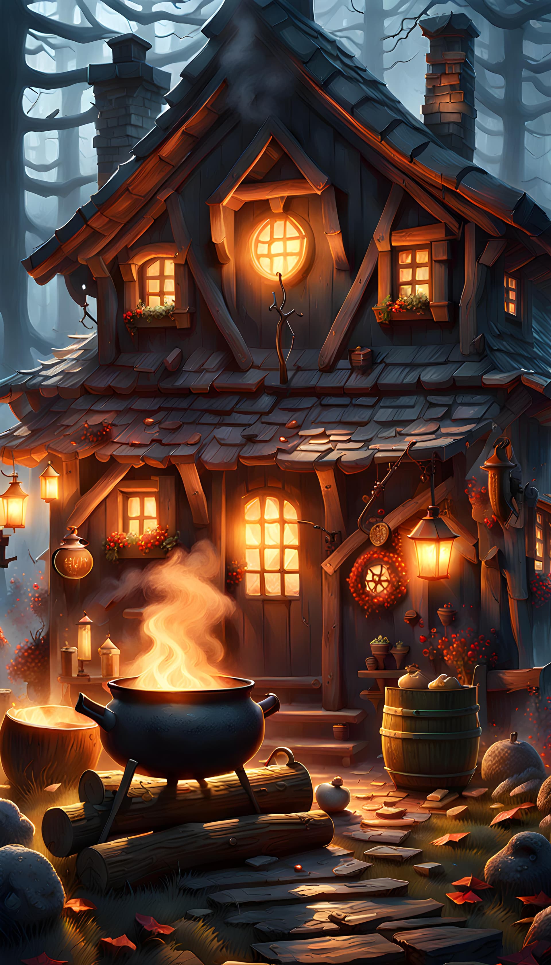 AI generated: insanely detailed flat illustration, 3d, macabre scene from Hansel und Gretel, (crooked ugly switch ...