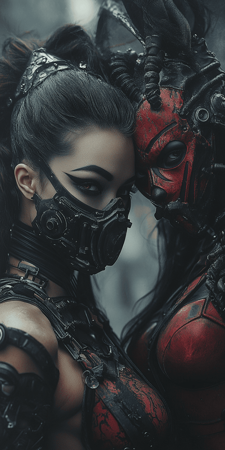 AI generated: Close-up of two women with elaborate, dark, steampunk-styled costumes. 


The woman on the left h...