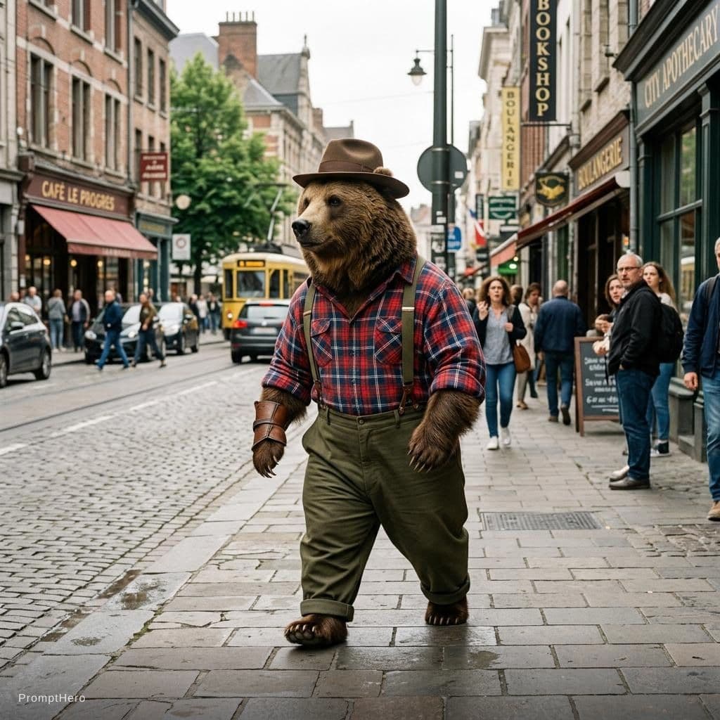 AI generated: A bear wearing long pants and a hat, a realistic photograph, walking on two legs through the city, n...