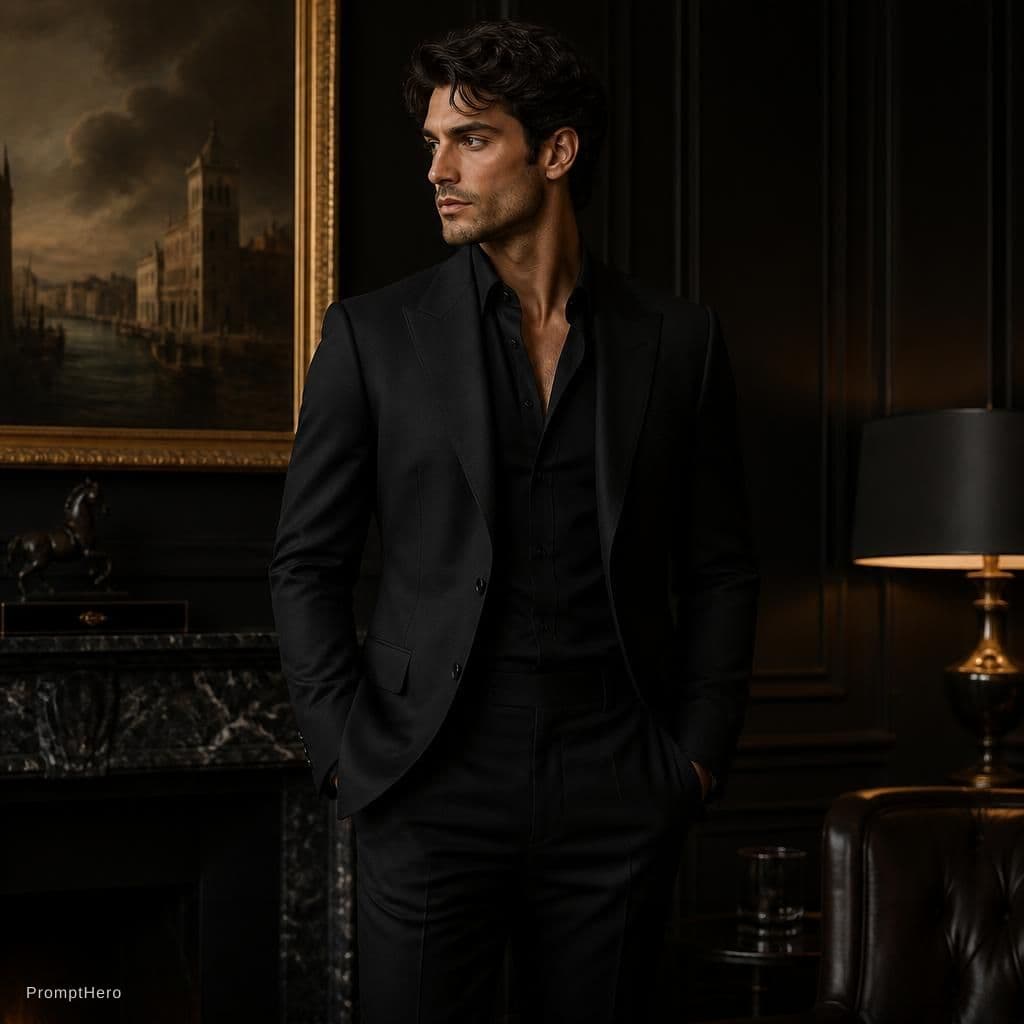 AI generated: Black italian bespoke suit with black undershirt 