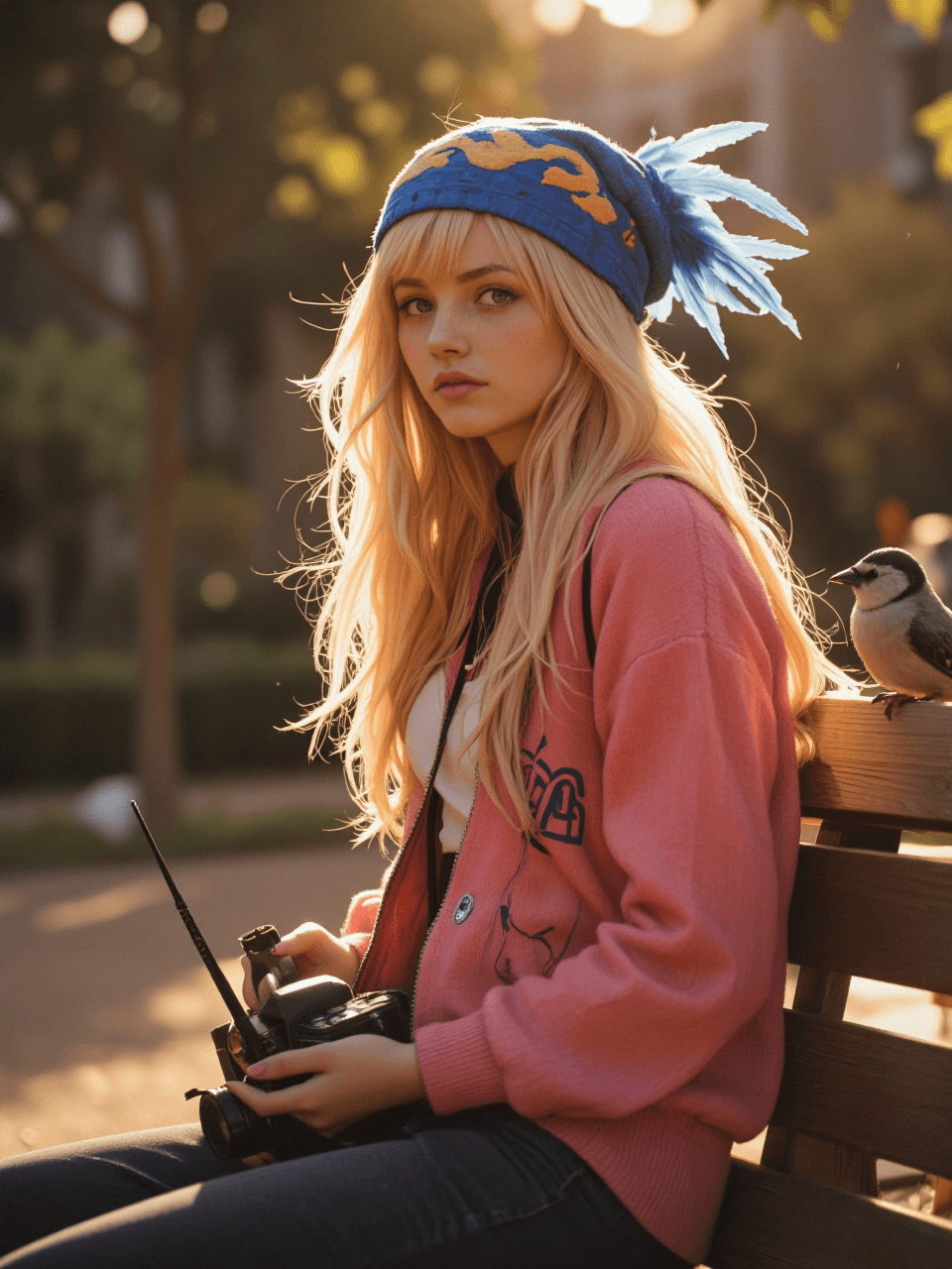 AI generated: A young woman with long, blonde hair sits on the bench of a park. She wears a pink zip-up sweater wi...