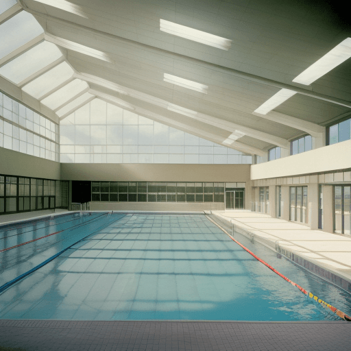 AI generated: Hyper realistic eye level exterior photo of a k12 school building overlooking the swimming pool, day...