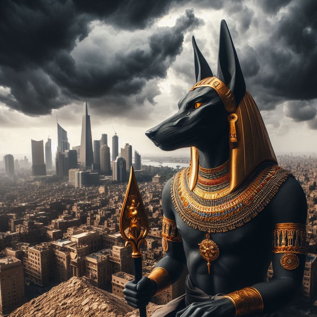 AI generated: /imagine prompt: post classic, portrait photography, Egyptian god Anubis, with gold ornaments and a ...