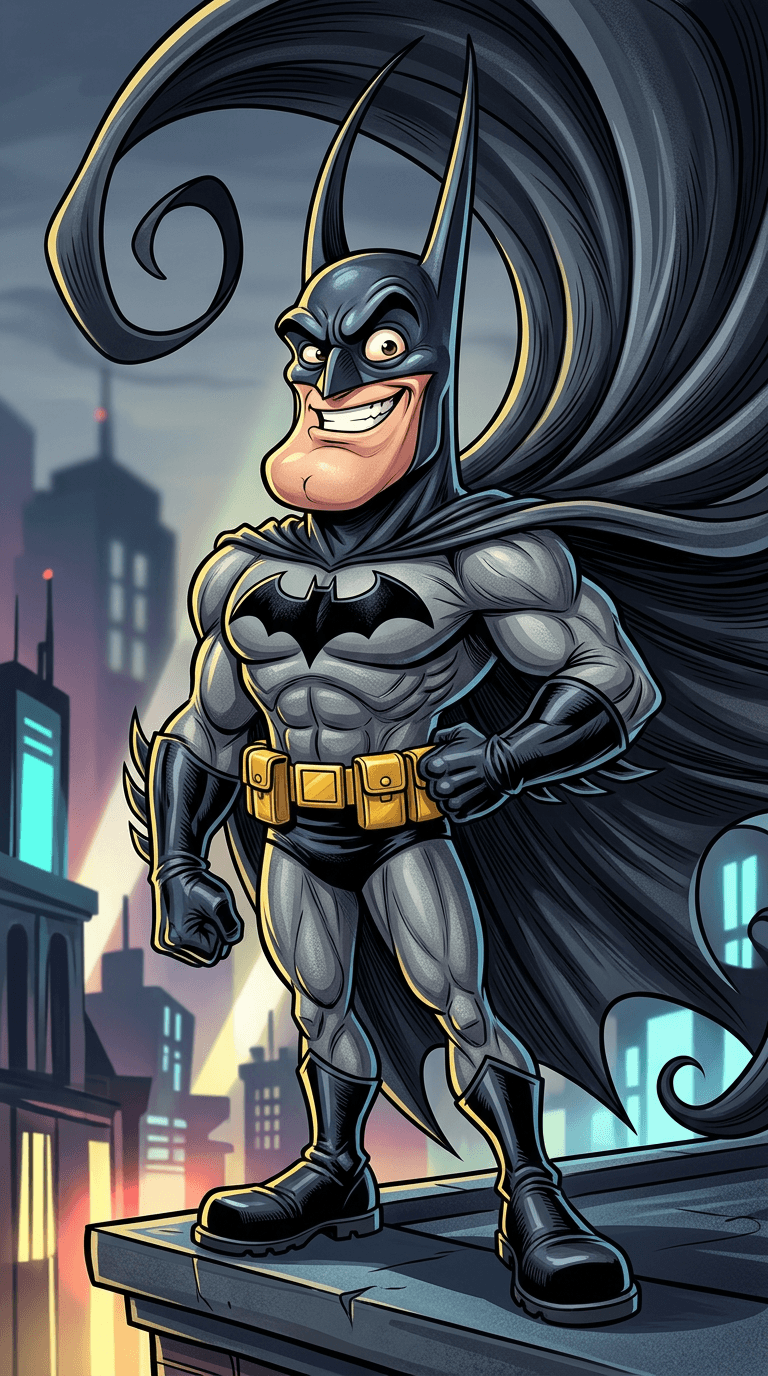 AI generated: Full-body portrait of Batman from head to toe, editorial caricature illustration, extreme character ...