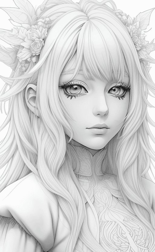 AI generated: coloring page Anime portrait clean line art, black pen line high detail,,wild dynamic white hair, wo...