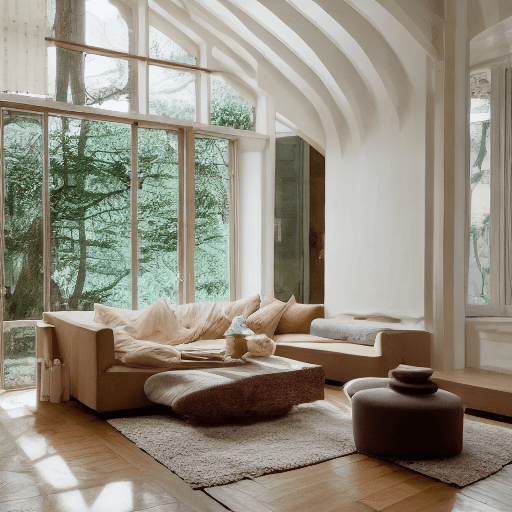 AI generated: High resolution photography interior design, dreamy sunken living room conversation pit, wooden floo...