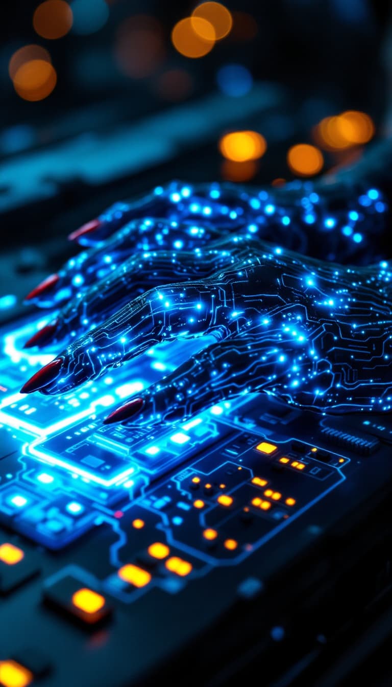AI generated: 7. A powerful, close-up view of a woman’s hands, which have transformed into a network of glowing ci...