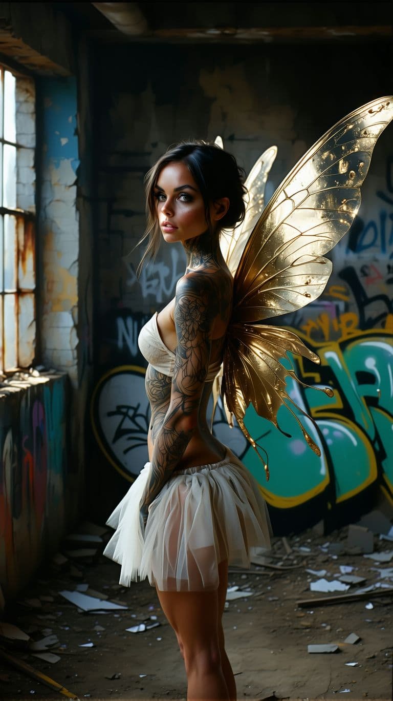 AI generated: A stunning fairy with intricate ink tattoo patterns covering her arms and shoulders, her wings shimm...