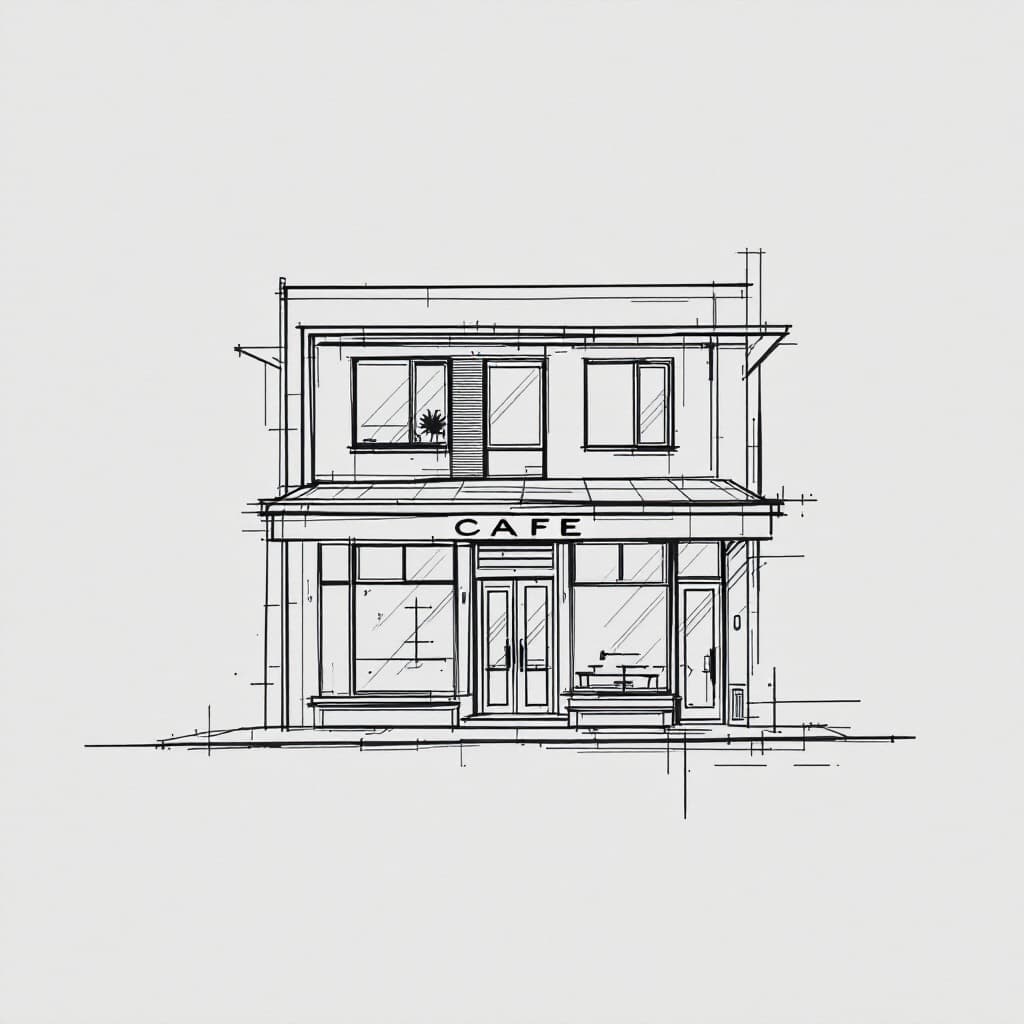 AI generated: architectural sketch, central composition, bauhaus style, two story contemporary cafe facade design,...