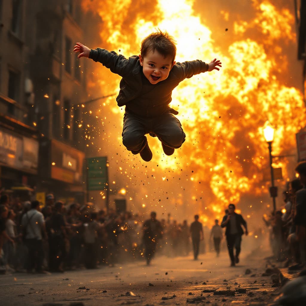 AI generated: (Action film photograph) a baby is (flying high through the air), being running by an action star. w...