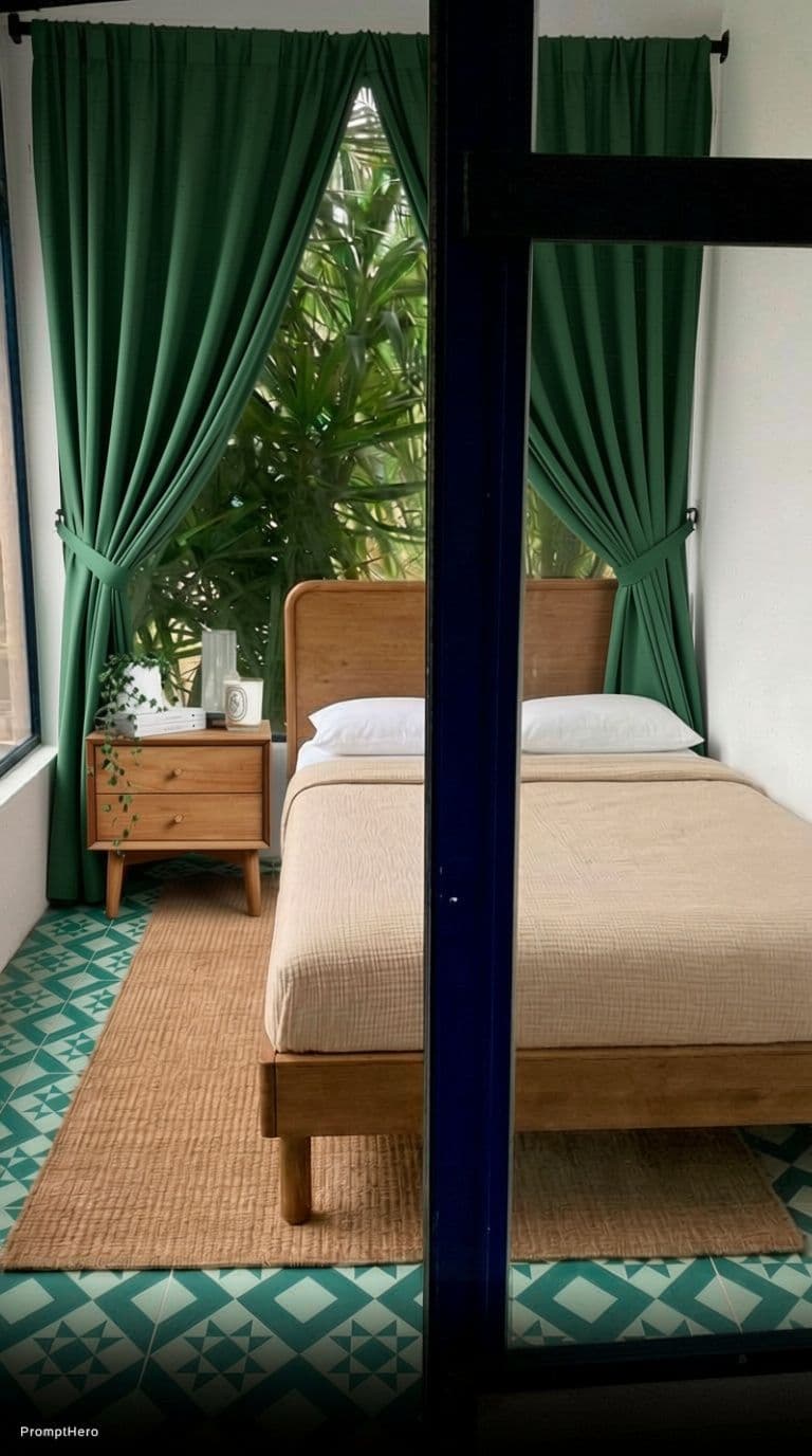 AI generated: add some green curtains that are tucked to the slides and the colour should match the tiles