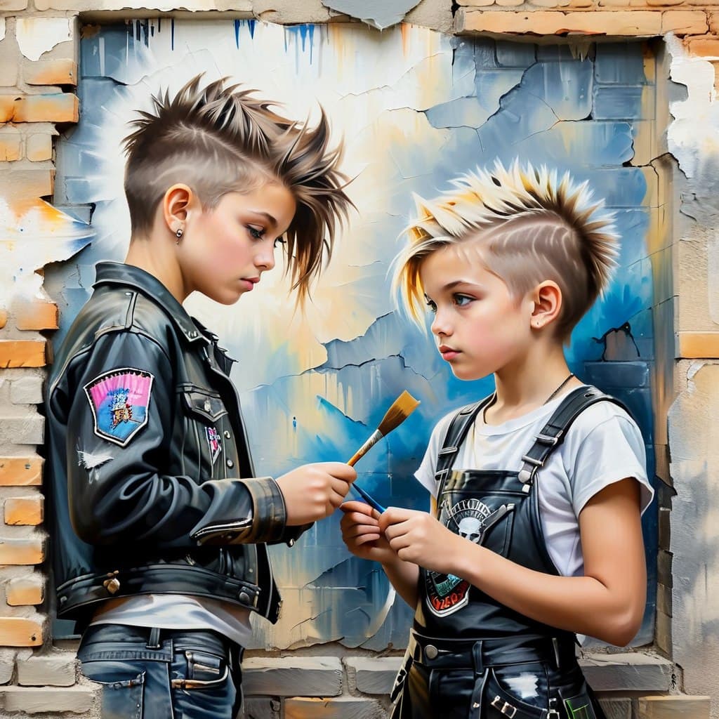 AI generated: acrylic illustration, epic realistic, (young boy and girl:1.3), (a punk:1.3) and a (pioneer:1.3), (a...