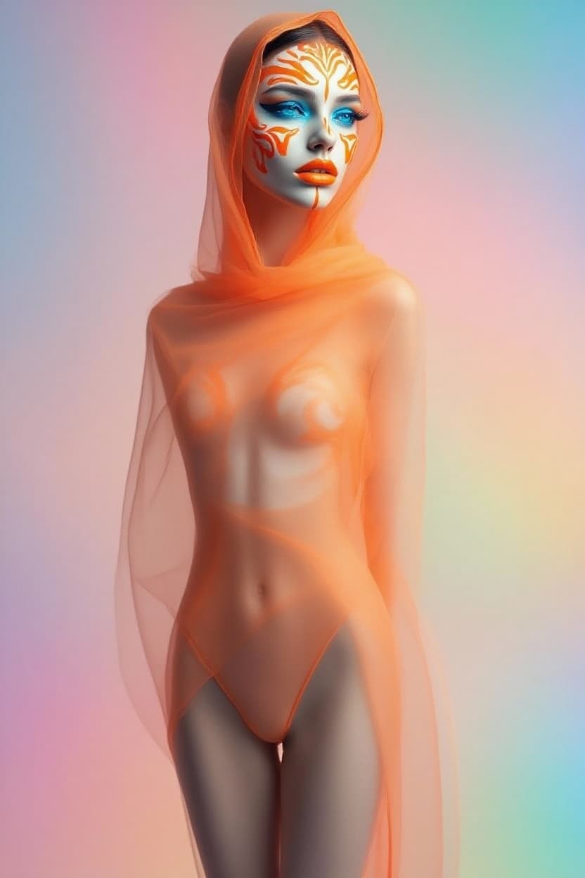 AI generated: "Fine art fashion photography. Full-hight vertical portrait, gorgeous lithe supermodel, intricate or...