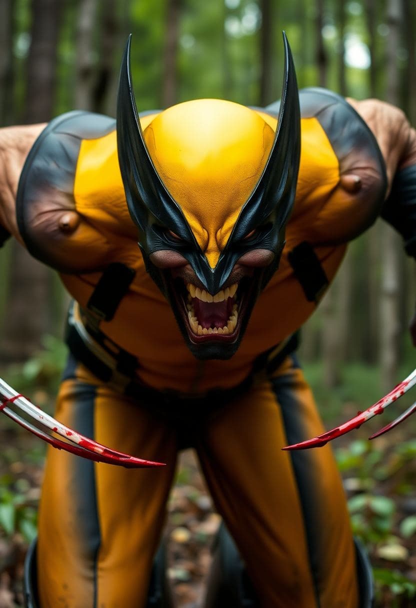 AI generated: X-Men character Wolverine, photograph, in the forest, leaping forward with bloodstained adamantium c...
