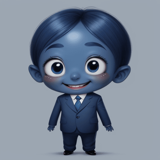 AI generated: 
animation, cute character, skin color blue, wearing a suit, big eyes, smiling, small nose, no ears,...