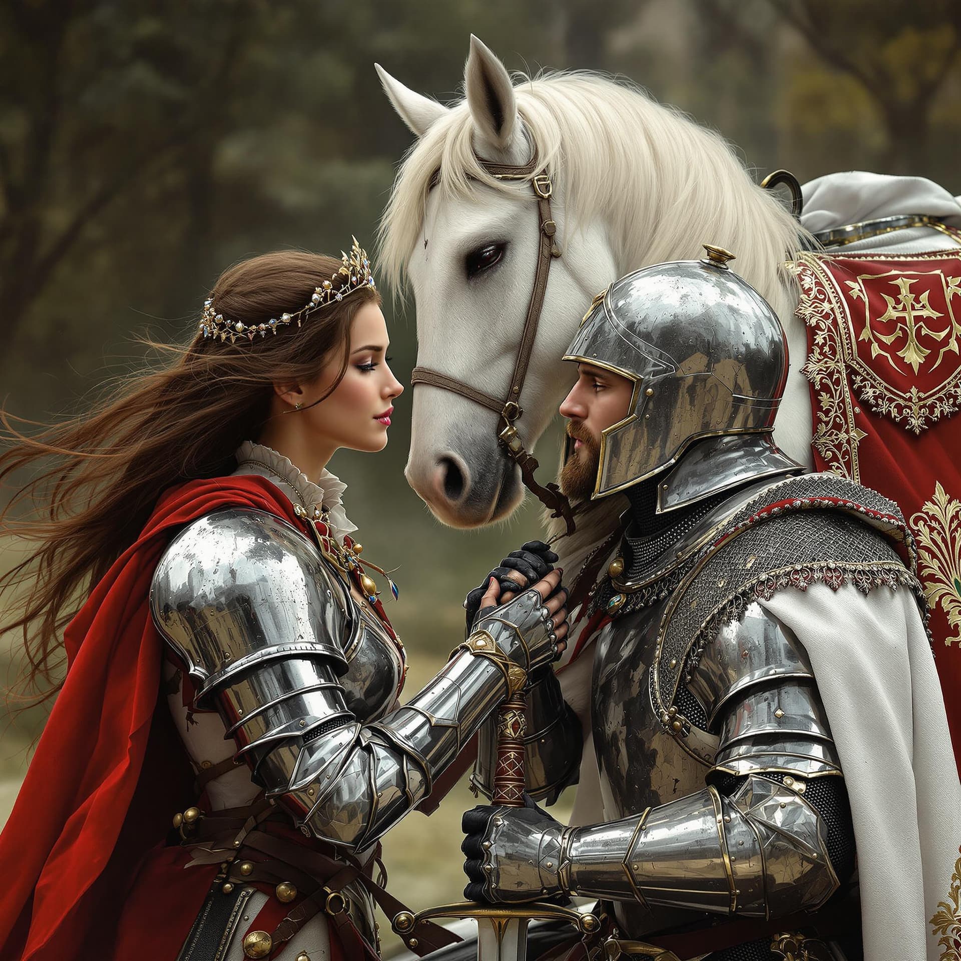 AI generated: An ultra-realistic, zoomed out,  full-body portrait of a noble Knight in battle damaged silver armor...