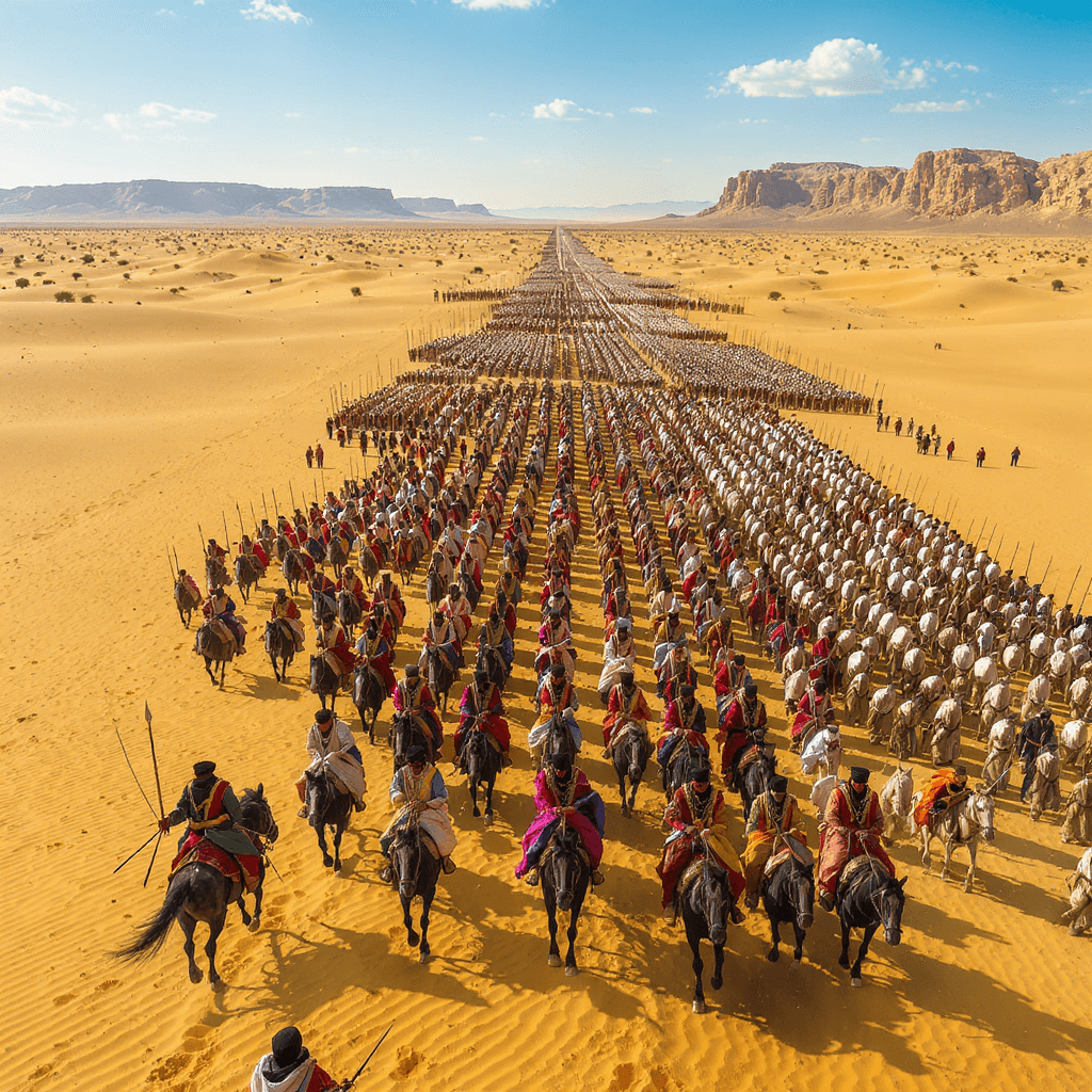 AI generated: A realistic, realistic, and authentic panoramic view from above: In the vast desert, a large Meccan ...