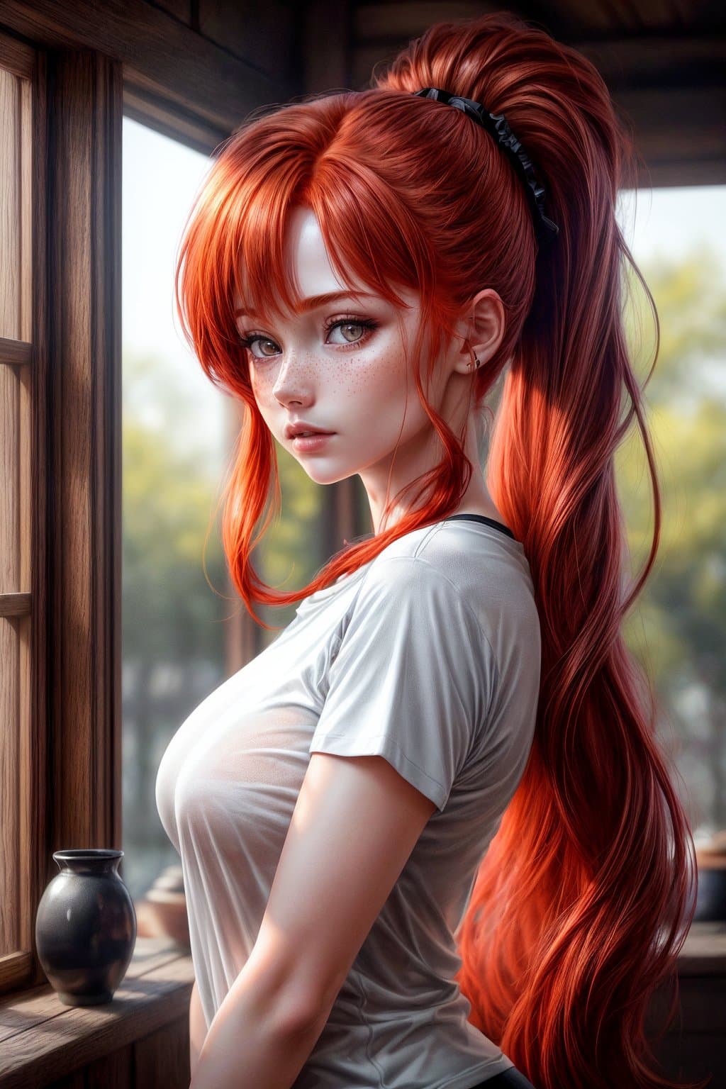 AI generated: red hair, (8k, RAW photo, highest quality), (epic realistic:1. 7), pretty girl, (detailed eyes:1. 2)...