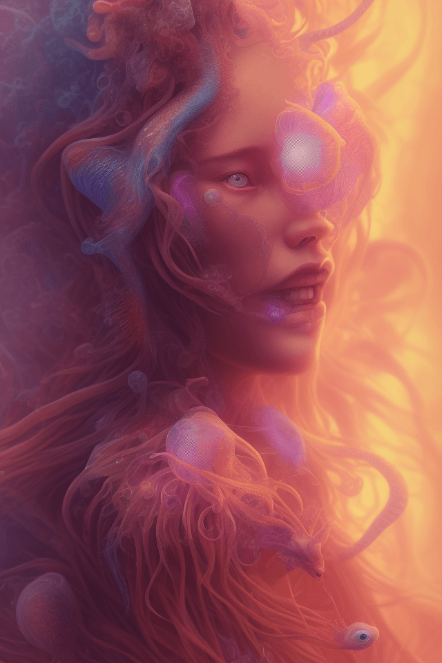 AI generated: Goddess close-up portrait ribcagel. jellyfish phoenix head, nautilus, orchid, skull, betta fish, bio...
