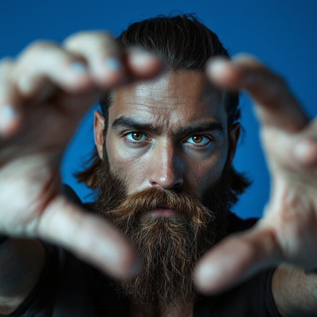 AI generated: Photography, Concept Portrait, Candid Shot, Man with Long Brown Beard, Brown Eyes, Black and White, ...