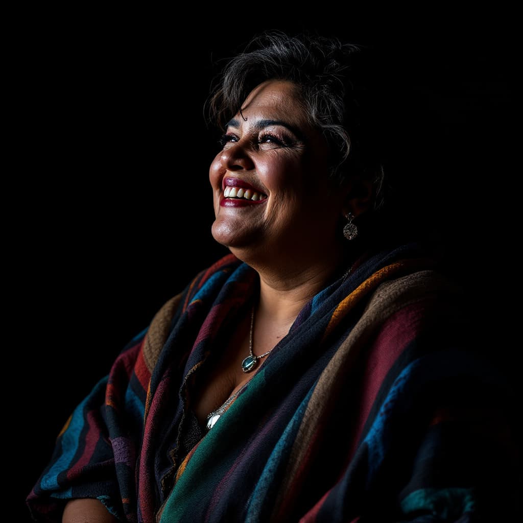 AI generated: dark background, dramatic light, backlight, rim lighting, (chubby:0.3), mexican woman 44yo, laughing...