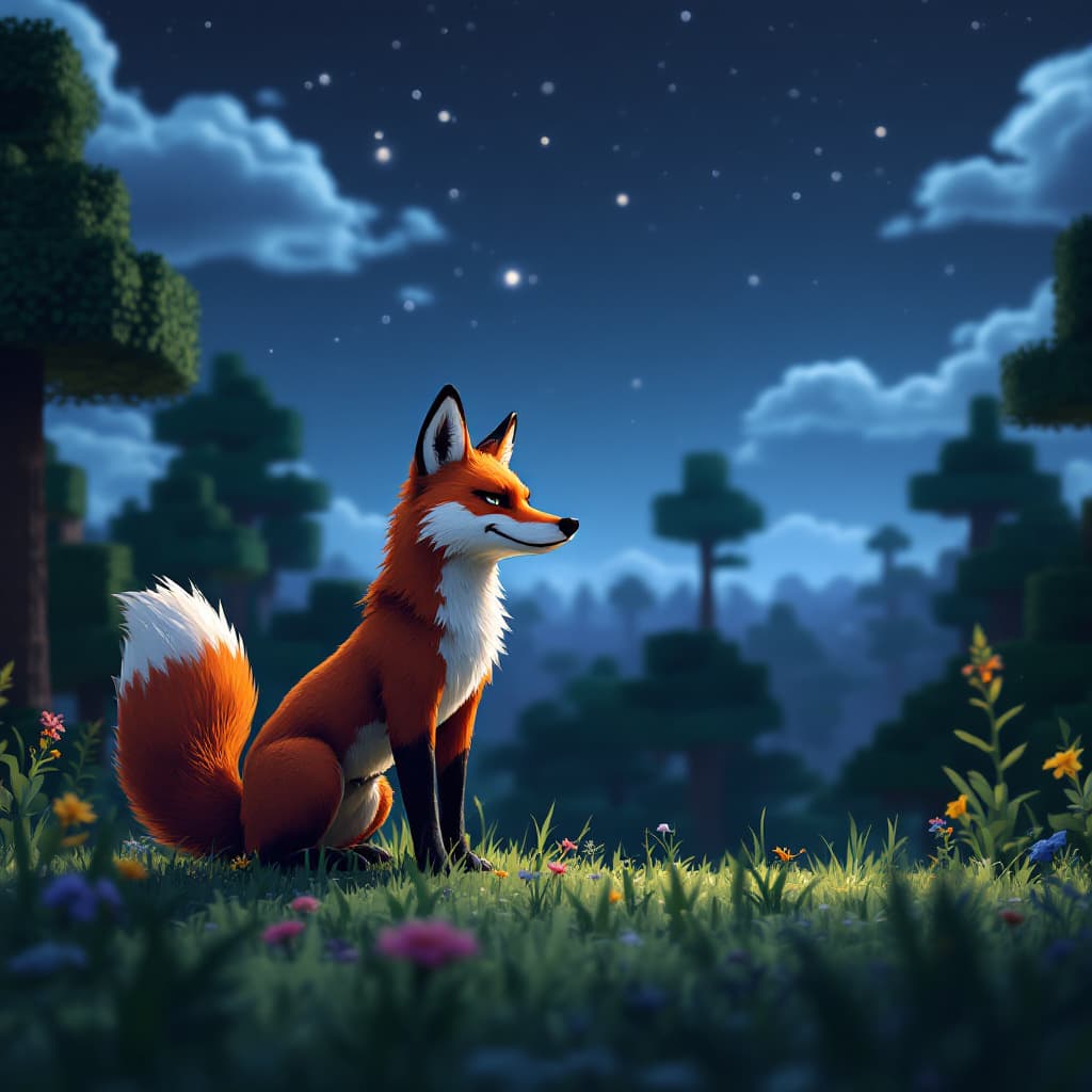 AI generated: a minecraft world with all minecraft animals, fox and panda, minecraft trees, nightsky in the backgr...