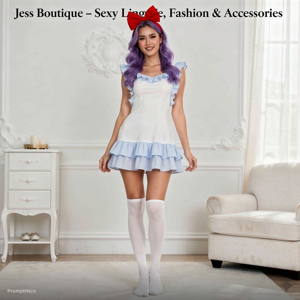 AI generated: Full body portrait of female fashion model
Outfit: sheer white and light blue lingerie set with ruff...