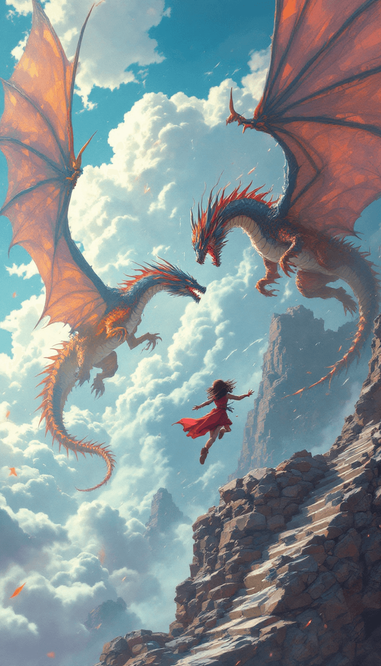 AI generated: Fierce battle in the sky between two dragons --chaos 75 --ar 1:2 --style raw --profile rsy6uq9 --sty...
