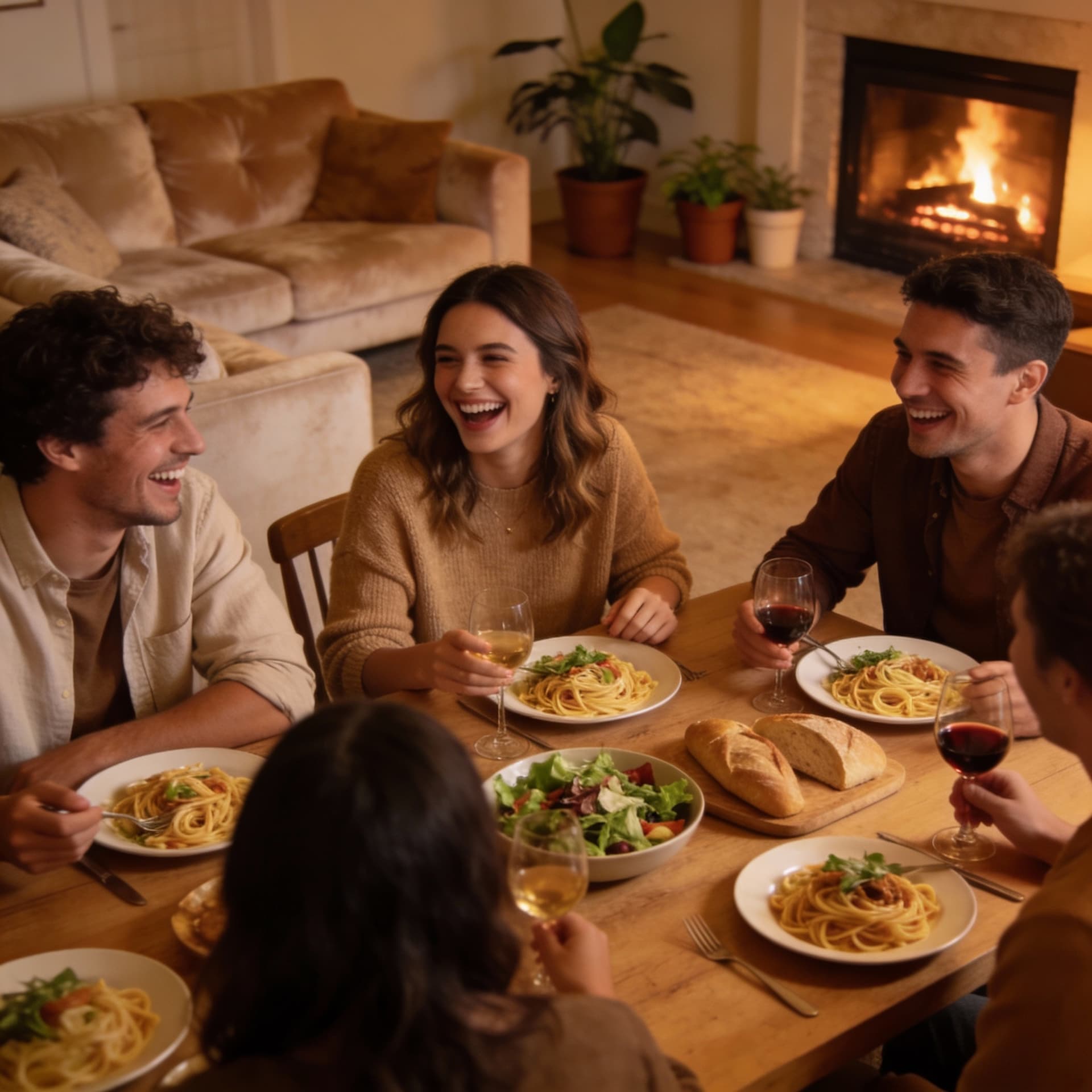 AI generated: a group of friends having dinner in a cozy living room
