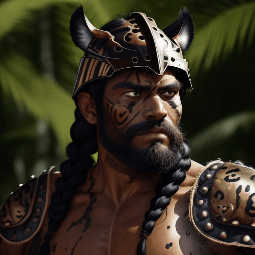 AI generated: He is an Amazon jungle warrior and toned man, with pronounced facial features and a determined and f...