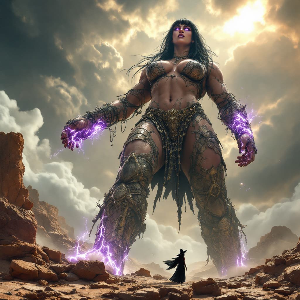 AI generated: 5 toes on foot, enormous giantess female Rhea Ripley from WWE with black medium length hair and stra...