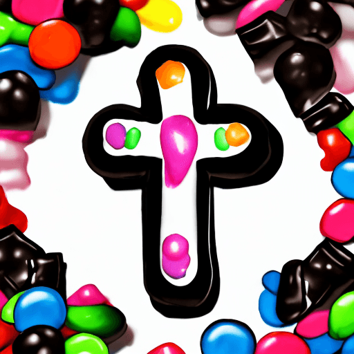 AI generated: Cartoon image of a cute multicolored candy in the shape of a cross, drawn on a white background with...