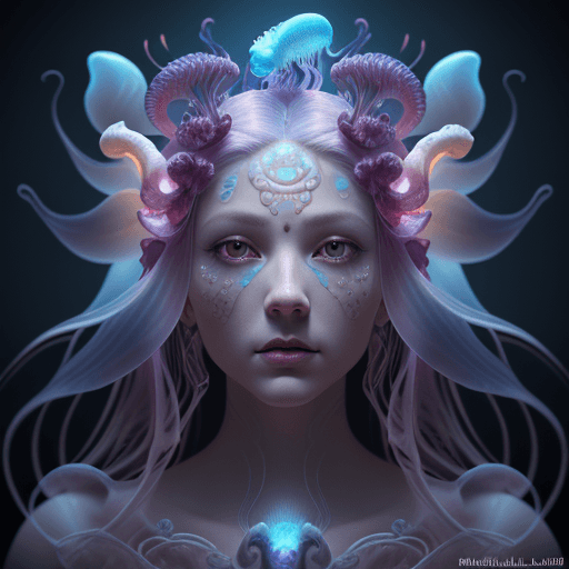 AI generated: Goddess close-up portrait ribcagel. jellyfish phoenix head, nautilus, orchid, skull, betta fish, bio...