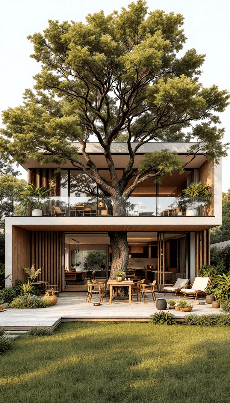 AI generated: A wide-angle shot of a two-story modern cottage house, with the second floor stretching across in wi...