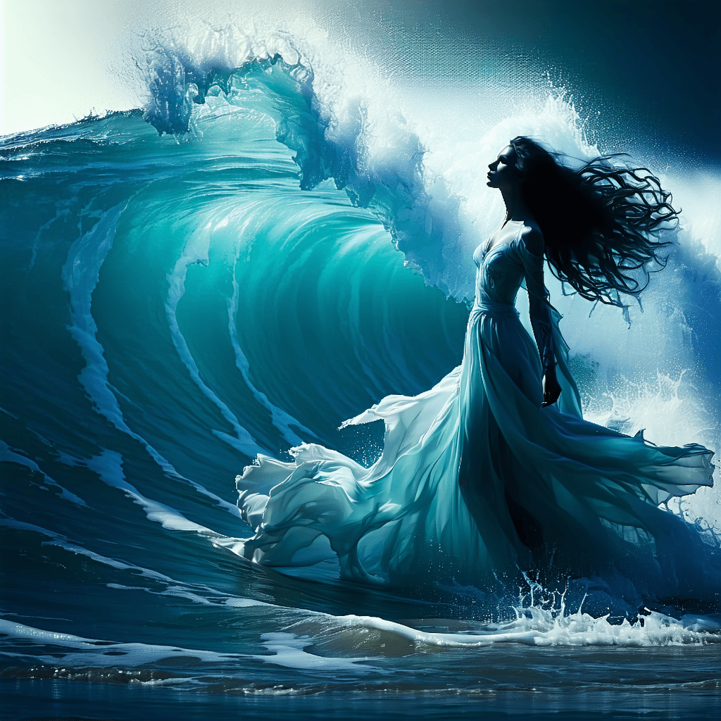 AI generated: A powerful tidal sorceress, with her form flowing like water and her clothes made from fabrics that ...