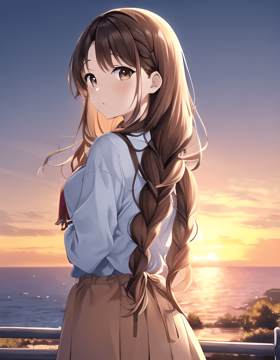 AI generated: outdoors, 20 years old, perfect anime quality, sunset, beautiful scenery, perfect face, perfect brai...