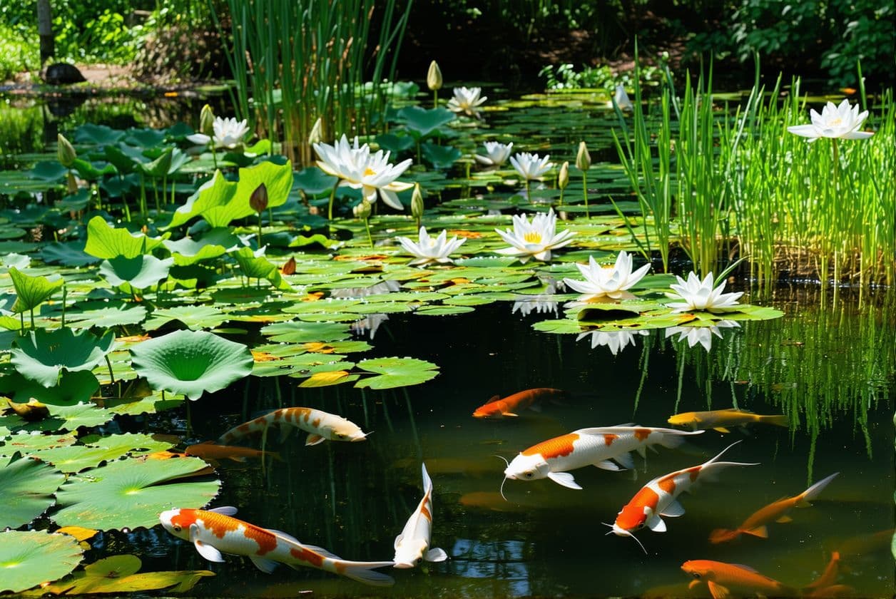 AI generated: quiet pond with lilies and carp in the water. 