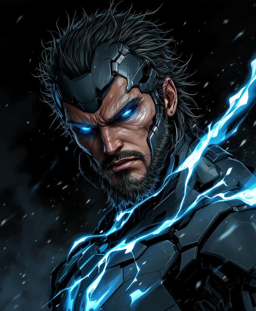 AI generated: male cyborg, dark background, Hyperrealism style, full growth, anime, blue fire in the eyes, Metal G...