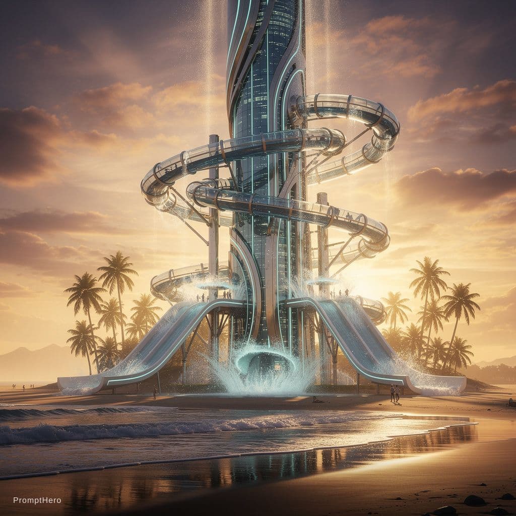 AI generated: A monumental futuristic mega slide complex standing alone on a golden beach at sunset, skyscraper-si...