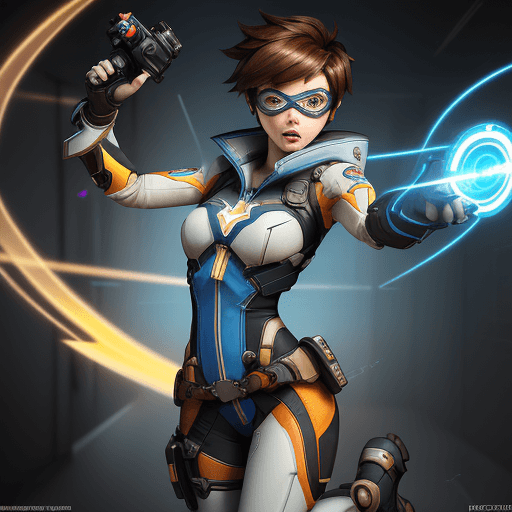 AI generated: action packed, Photography, (Tracer from Overwatch:1.2), full-length, realistic, (cheerful, energeti...