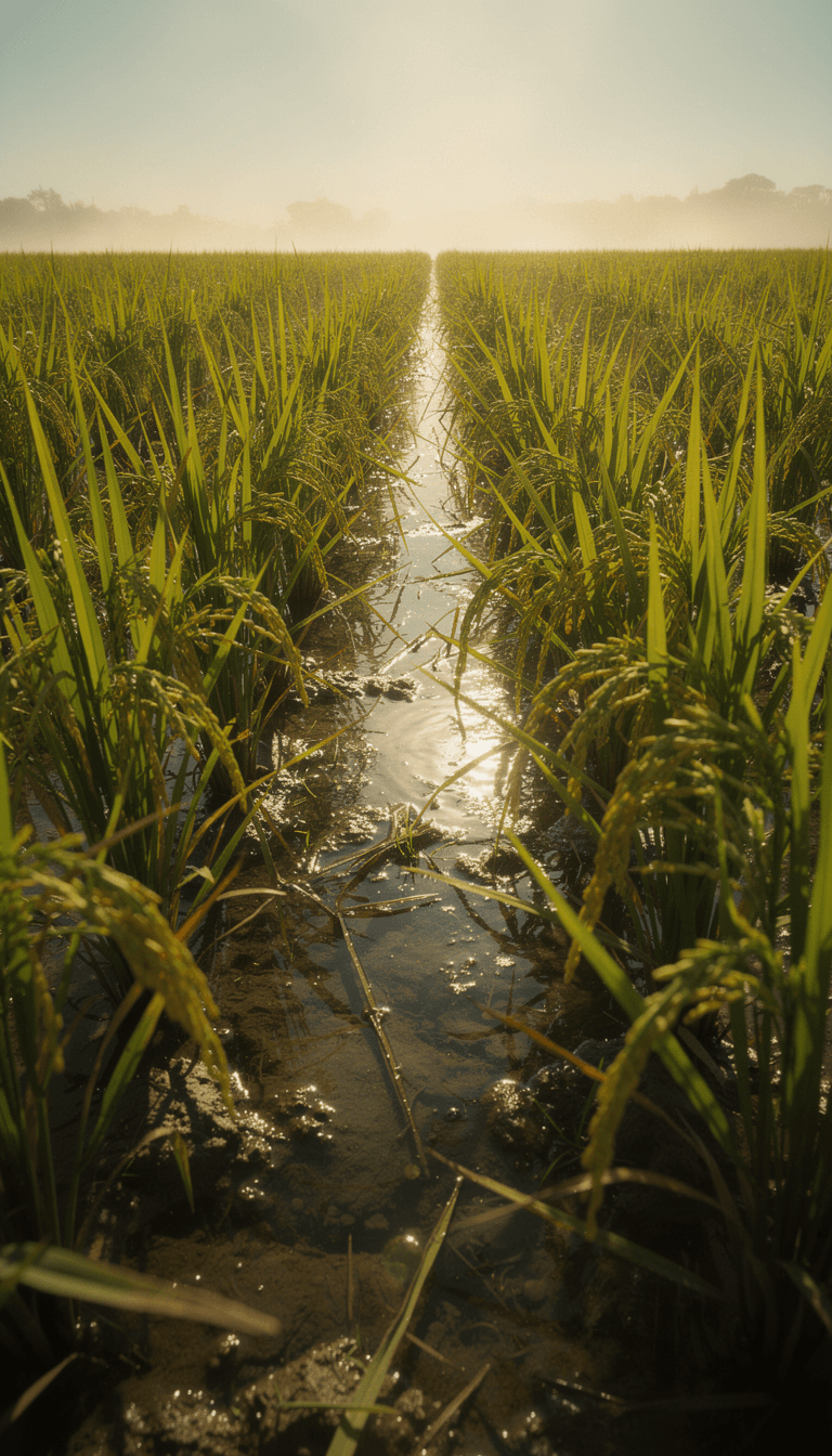 AI generated: Fotografía publicitaria fotorrealista de un campo de cultivo de arroz en plena temporada de crecimie...