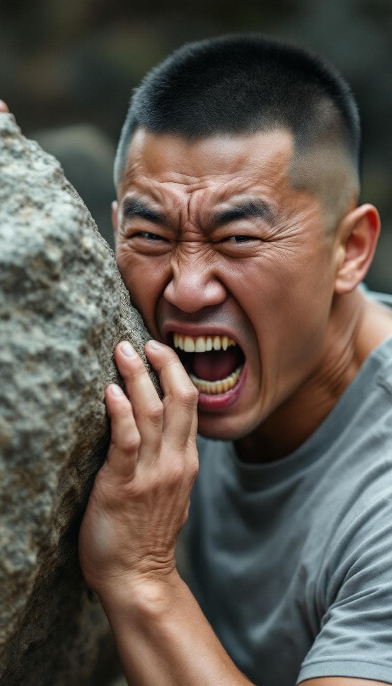 AI generated: A Chinese man with short crew-cut hair is biting a large rock with one hand, with a ferocious expres...