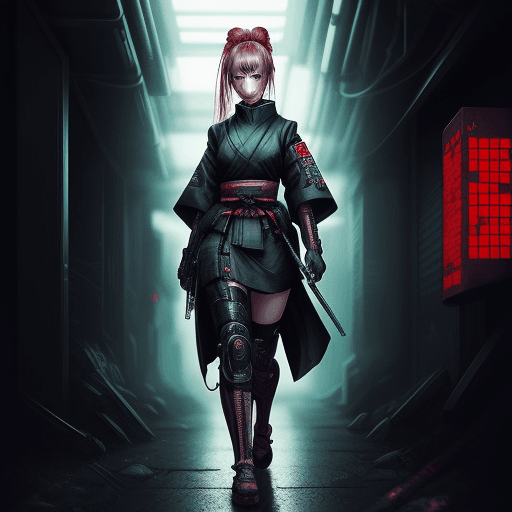 AI generated: in a manga art style paint a cyberpunk female samurai standing in an underground area, beautiful sce...