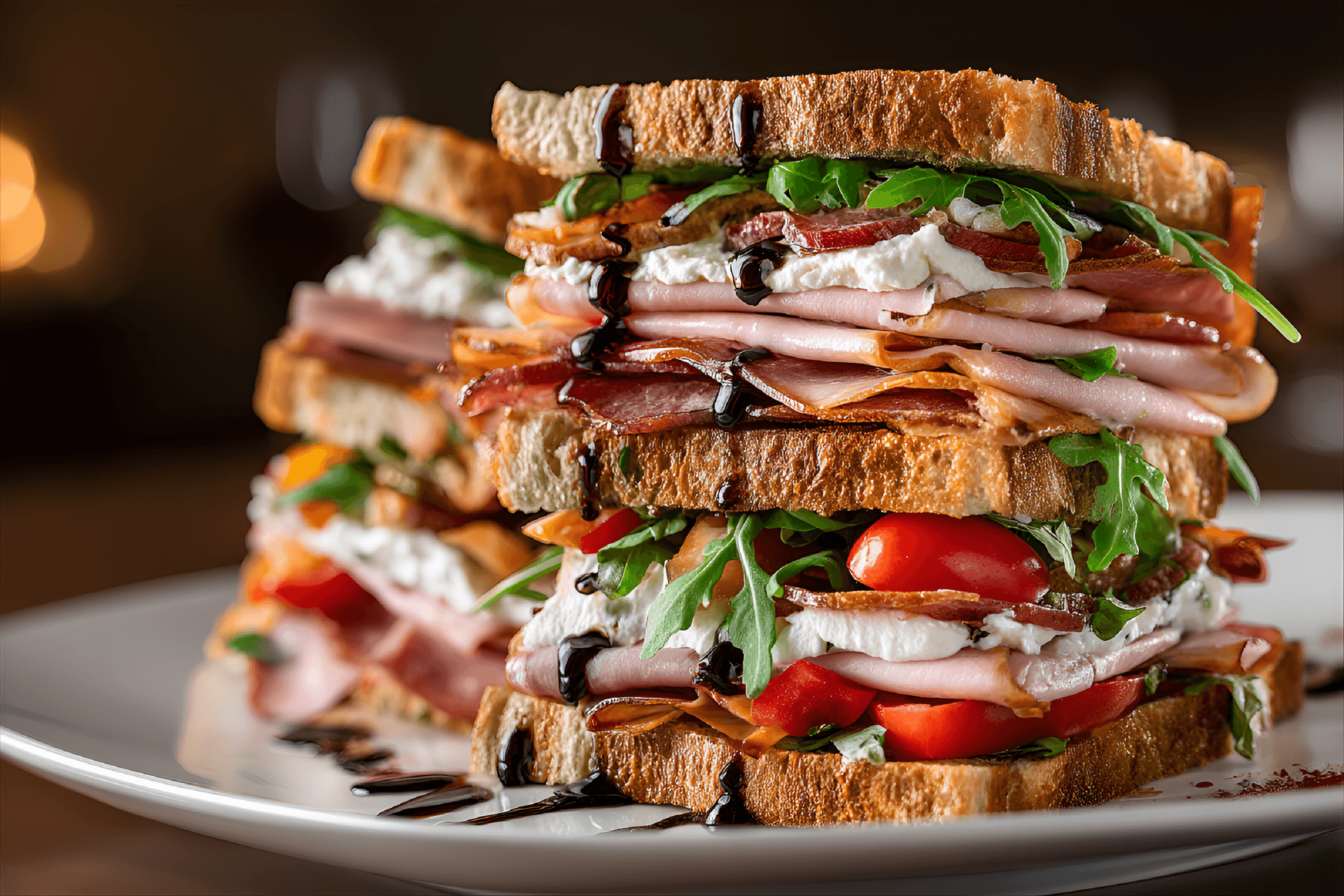 AI generated: towering stack of layered sandwiches takes center stage on a white plate.  Multiple slices of toaste...