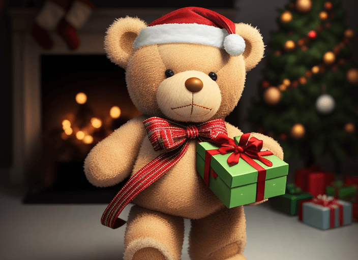 AI generated: Standing Christmas teddy bear carrying a holding a gift box in the front
