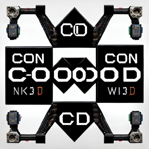 AI generated: logo of c0d3d_c0n71nG3n7, letters combined with cables, circuits, cameras, technology world