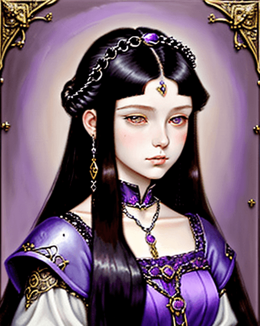 AI generated: oil painting, emperor's daughter, 16 years old, medieval ball lilac dress, brunette hair, black hair...