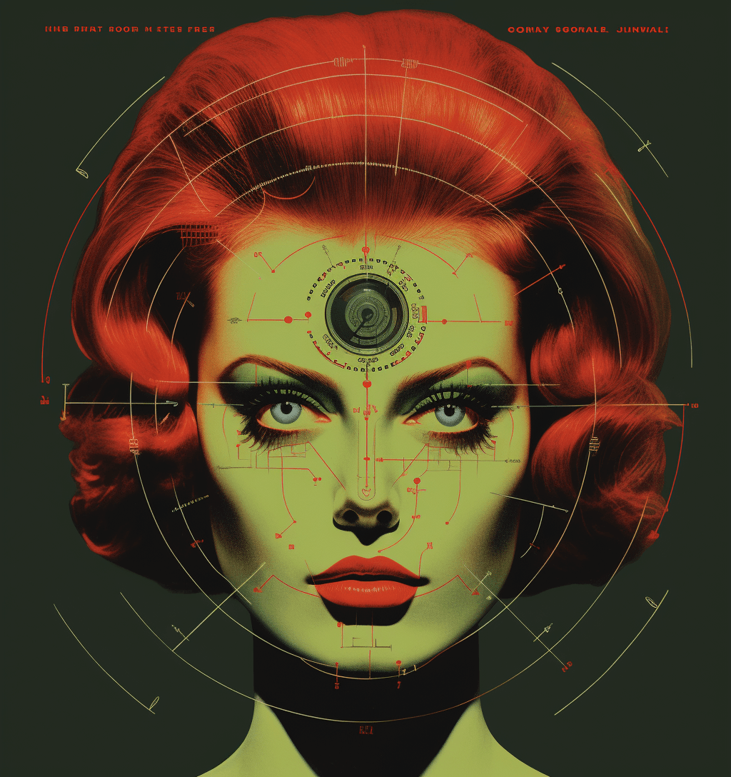 AI generated: A woman with red hair and one eye, half of her face is a skull like in the style of Terminator, she ...